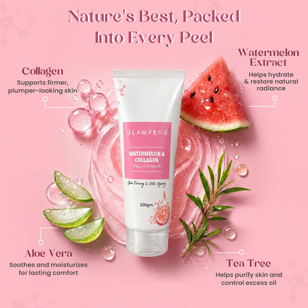 Glamveda Watermelon & Collagen Peel Firming & Anti Aging Off Mask For Women | Reduces Signs of ageing | Gives radiant glow | No Paraben, SLS | 100gm