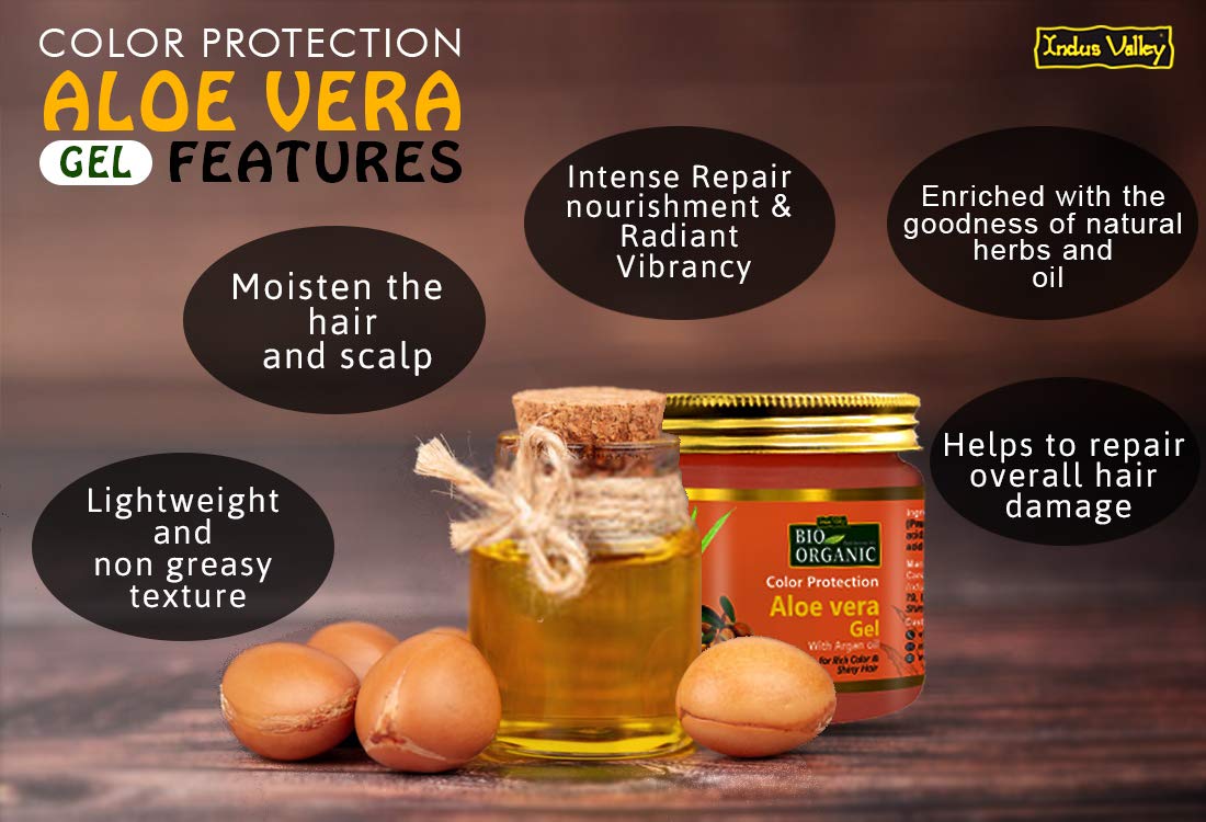Aloe vera gel jar and bottles with text highlighting features on a wooden background
