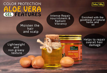 Aloe vera gel jar and bottles with text highlighting features on a wooden background