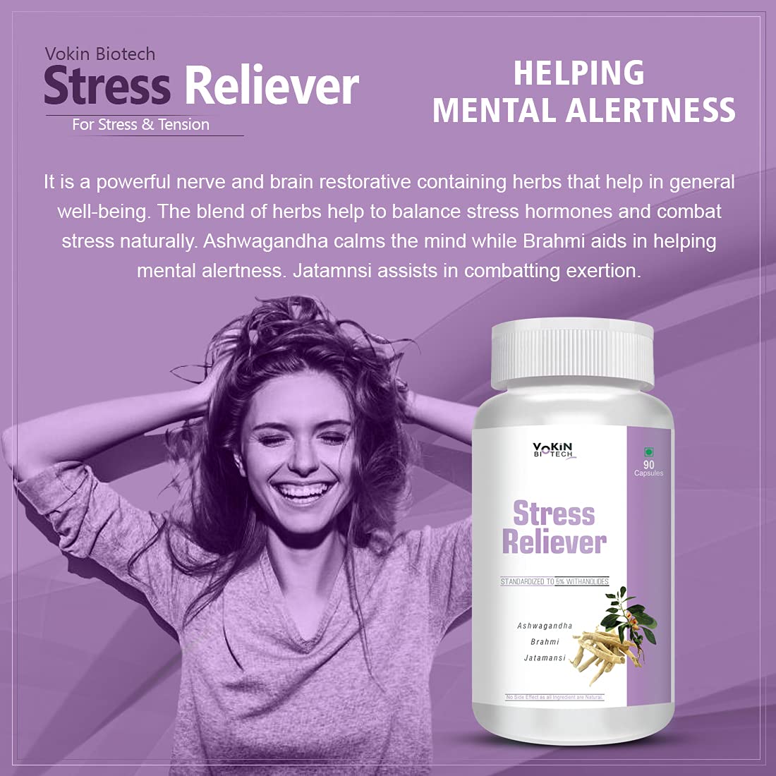 Stress reliever supplement bottle with a woman on a purple background