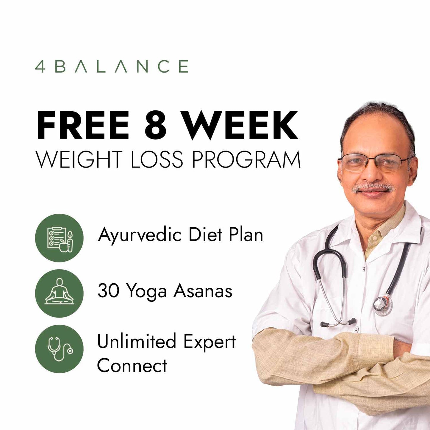 Advertisement for a free 8-week weight loss program with a doctor and text on a white background