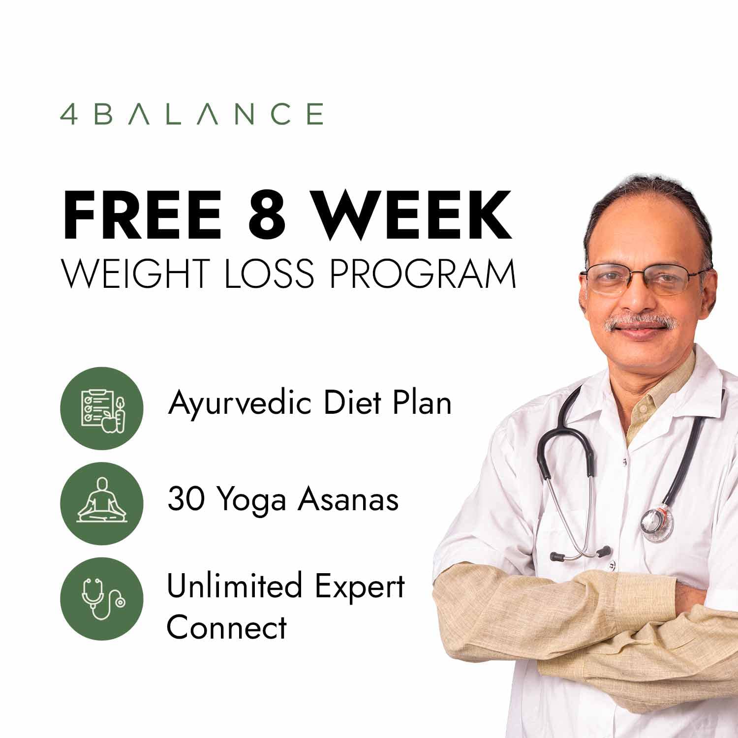 Advertisement for a free 8-week weight loss program with a doctor and text on a white background