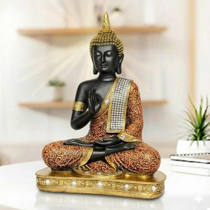Meditating Buddha Statue for Home Decor | 25 cm Sitting Buddha Idol Showpiece for Living Room, Office & Gift | Orange & Black | Heavy Polyresin (1 Piece)