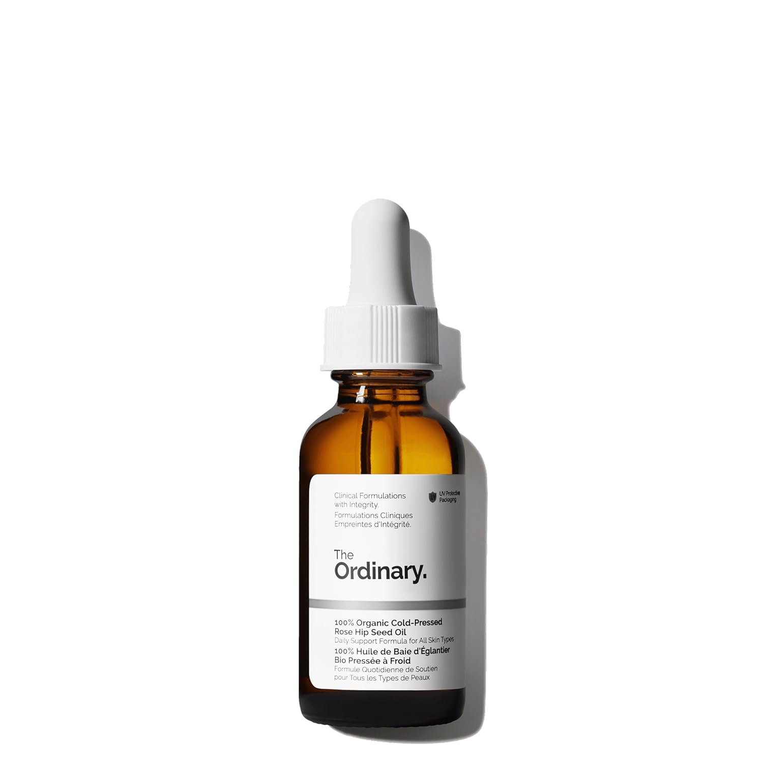 The Ordinary skincare serum bottle with dropper on a white background