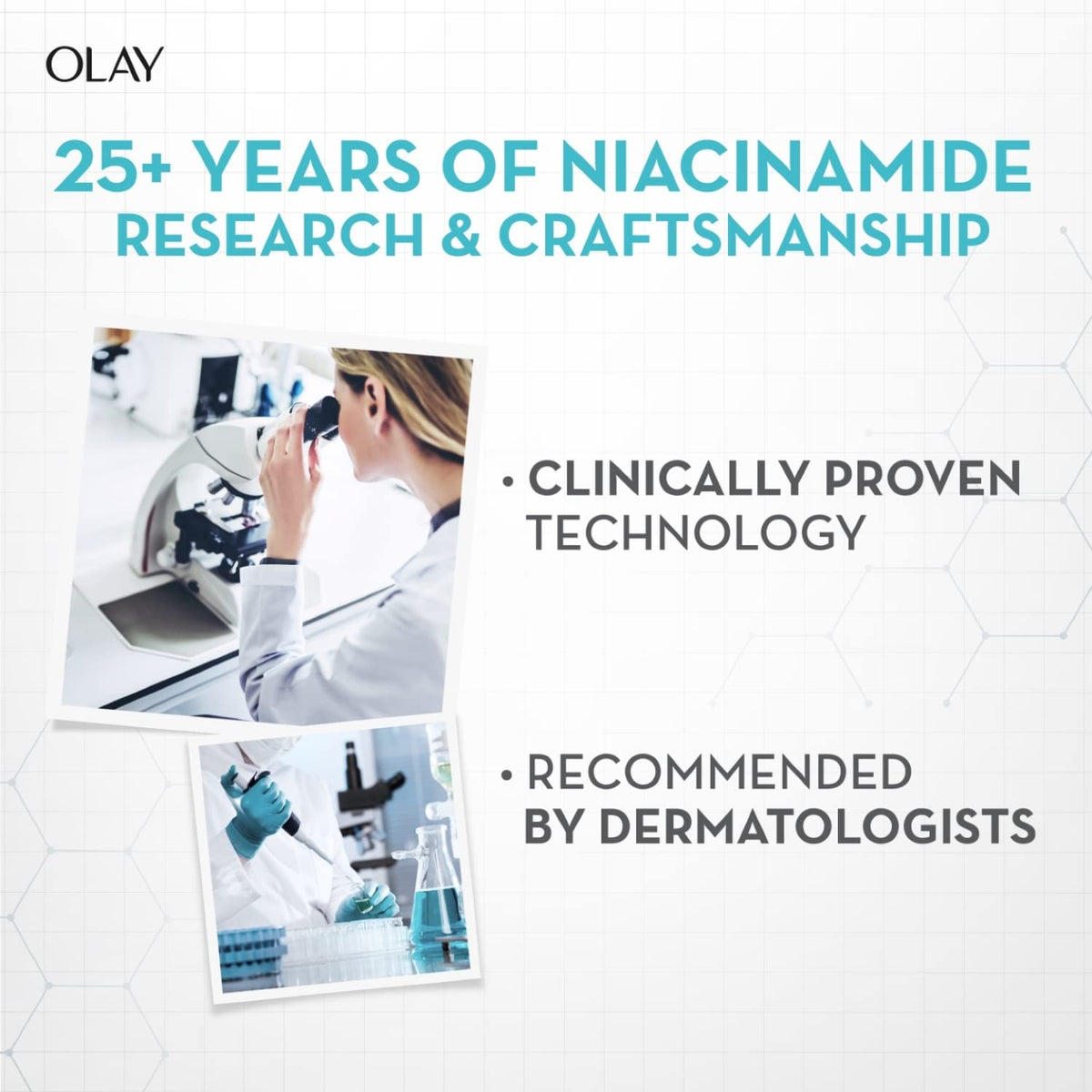 Advertisement for Olay featuring a scientist in a lab with text about niacinamide research and dermatologist recommendation.