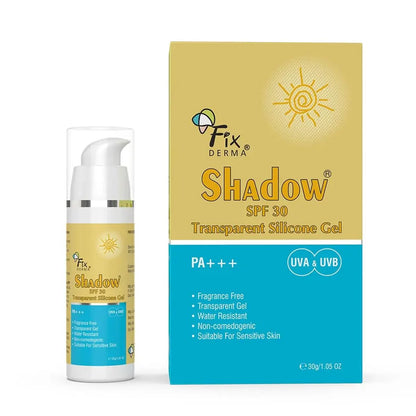 Fixderma Shadow Sunscreen SPF 30 PA+++ Transparent Silicone Gel | For Acne prone and Sensitive Skin | Light Weight, Oil-Free & Water Resistant | Non-Comedogenic Sunscreen | for Women & Men - 30gm