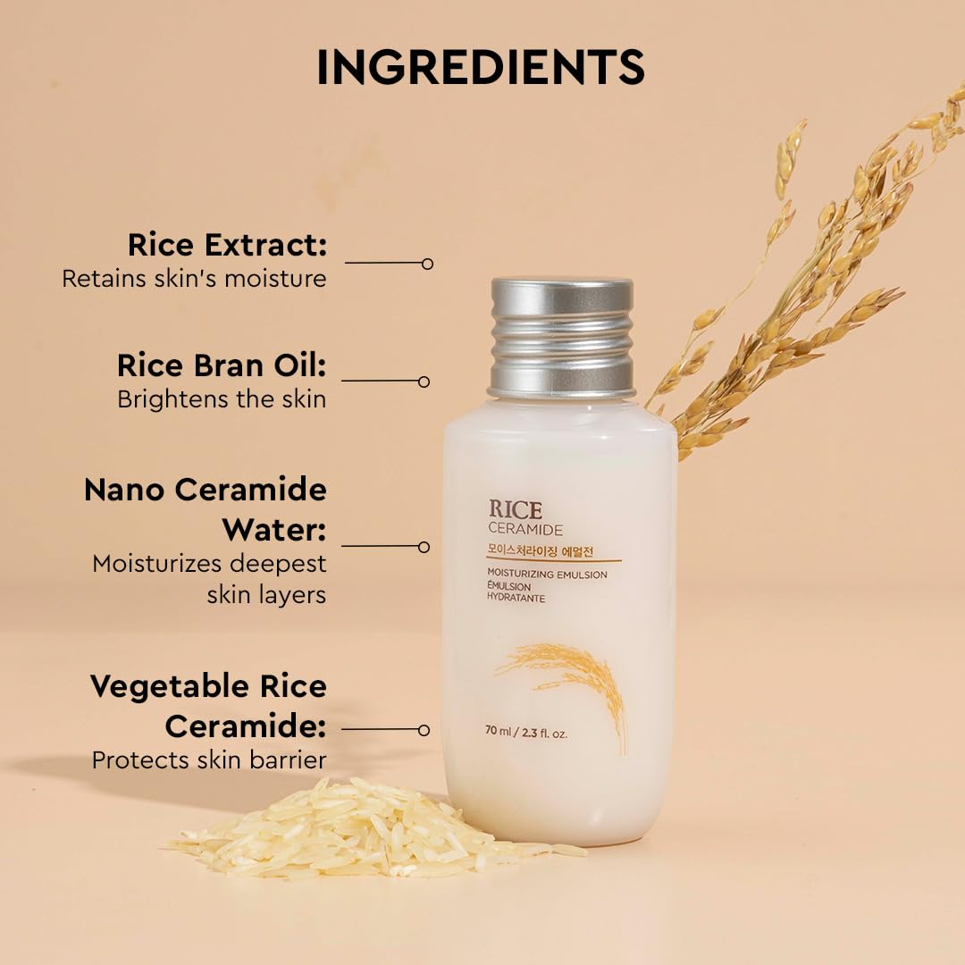 Skincare bottle with ingredients listed on a beige background
