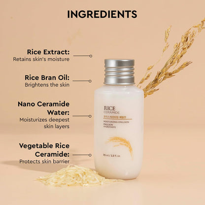 Skincare bottle with ingredients listed on a beige background