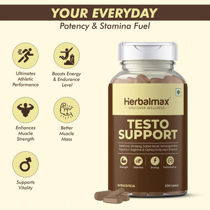 Herbalmax Testo Support Testosterone Supplement | With Gokshura, Safed Musli, L-Arginine & Ashwagandha | Natural Testosterone Booster for Strength, Stamina, Performance & Energy – 60 Tablets
