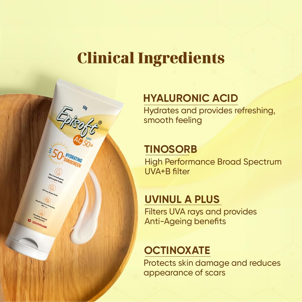 Episoft sunscreen tube with clinical ingredients listed on a yellow background
