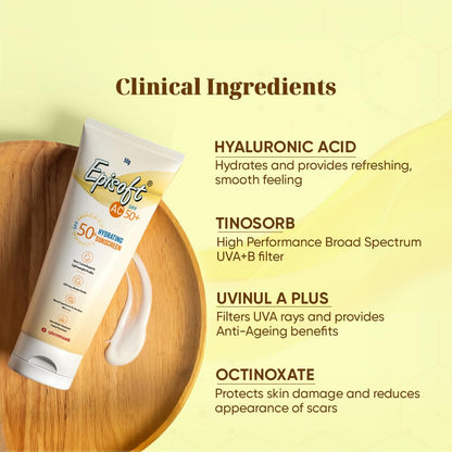 Episoft sunscreen tube with clinical ingredients listed on a yellow background