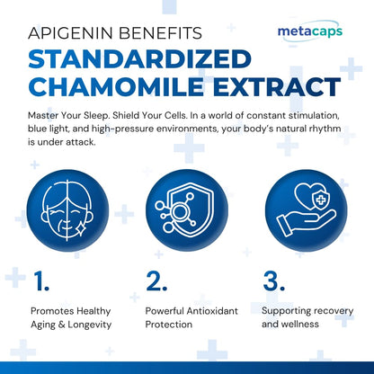 MetaCaps High-Purity Apigenin – 90 Veg Capsules | Standardized Chamomile Extract | Bio-Enhanced with Black Pepper for Maximum Absorption | Natural Sleep Support & Nighttime Recovery | Supports NAD+ Levels & Cellular Aging | Non-GMO & Vegan