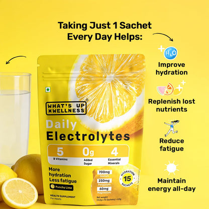 What's Up Wellness Daily Electrolytes Powder - Punchy Lime Flavour | Zero Added Sugar | Instant Hydration - Sodium, Potassium, Magnesium & Zinc | Vegan | 15 Sachets