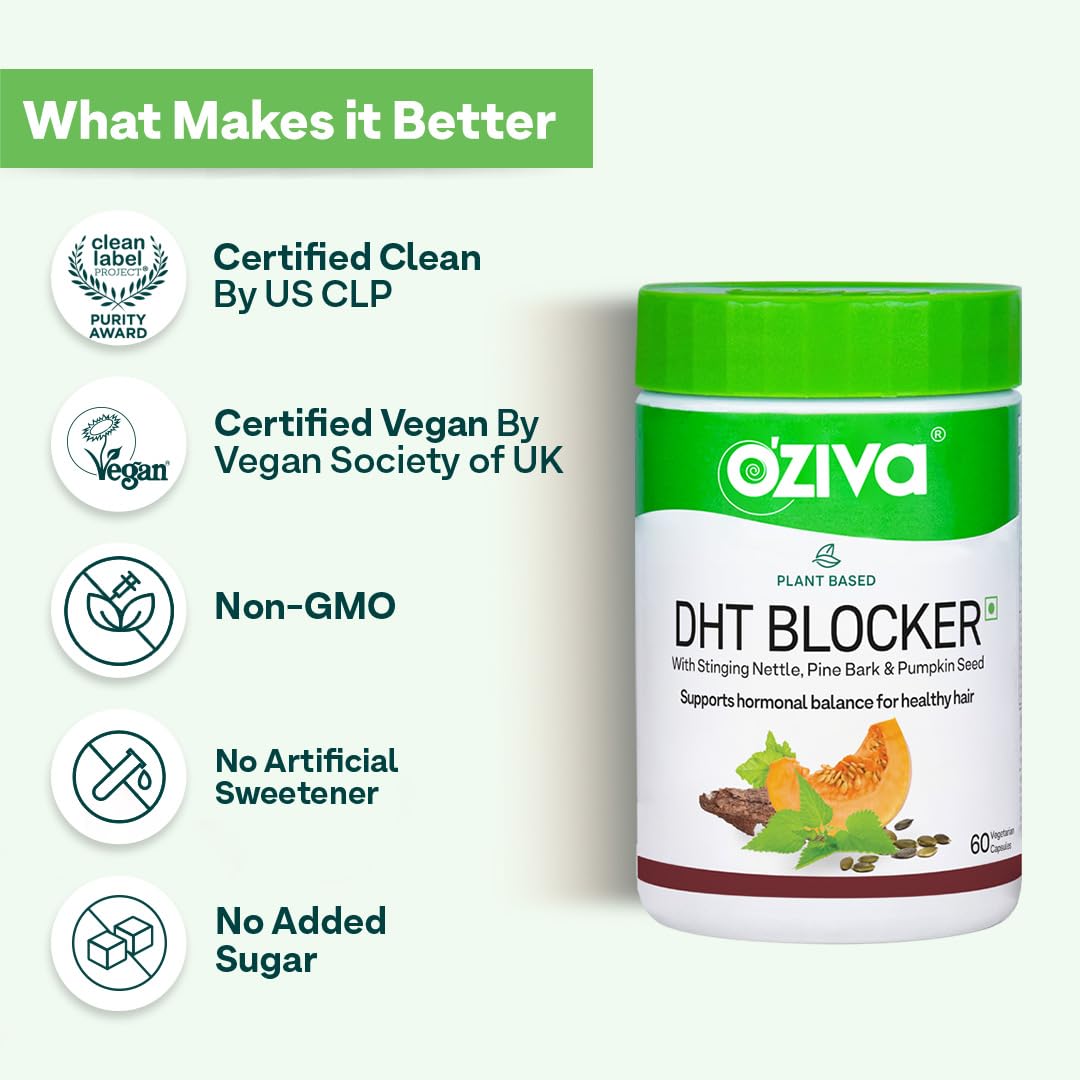 OZiva Plant Based DHT Blocker for Hair Fall Control & Hair Follicle Stimulation|100% Natural DHT Blocker Tablet with Stinging Nettle & Pine Bark|Certified Clean & Vegan|60 Capsules,Pack of 1,100 grams