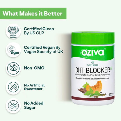 OZiva Plant Based DHT Blocker for Hair Fall Control & Hair Follicle Stimulation|100% Natural DHT Blocker Tablet with Stinging Nettle & Pine Bark|Certified Clean & Vegan|60 Capsules,Pack of 1,100 grams