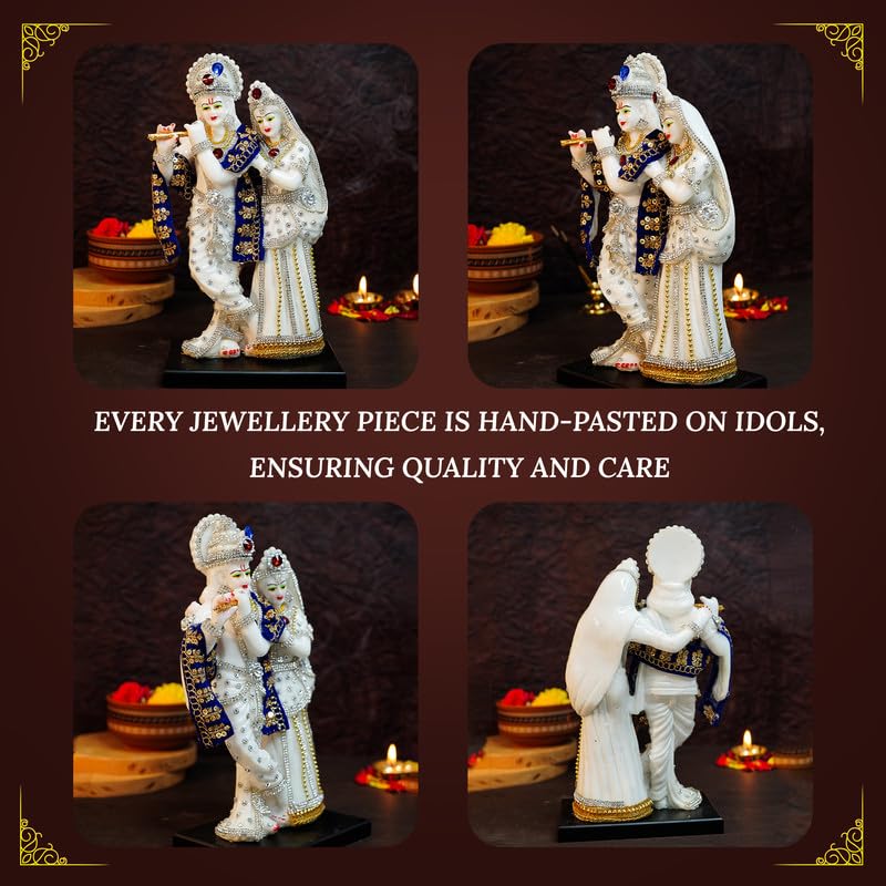 Aura Series Marble Dust Radha Krishna Murti (8 inch, Medium Size) | Gemstone Zircon Studded Radha Krishna Statue | Resin Radha Krishna Idol | Radhe Krishna ki Murti for Pooja, White, Religious