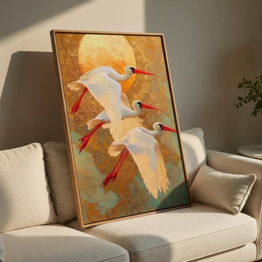 Flying Crane Bird Wall Painting with Wooden Frame | Elegant Bird Artwork HD UV Laminated MDF Wall Decor | Nature Inspired Wall Art for Living Room Bedroom Home Decor