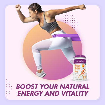 Woman exercising with a resistance band, Healthy Free Women MultiVit Daily supplement on a gradient background