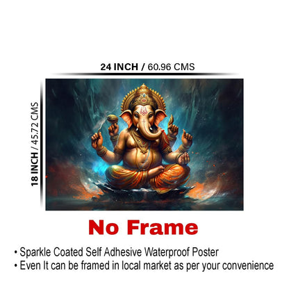 Ganapati/ganesha Paintings for Living room, Ganapati/ganesha Poster Big Size with Sparkle Coated Lamination - 23474 (Self Adhesive) 18x24 Inch