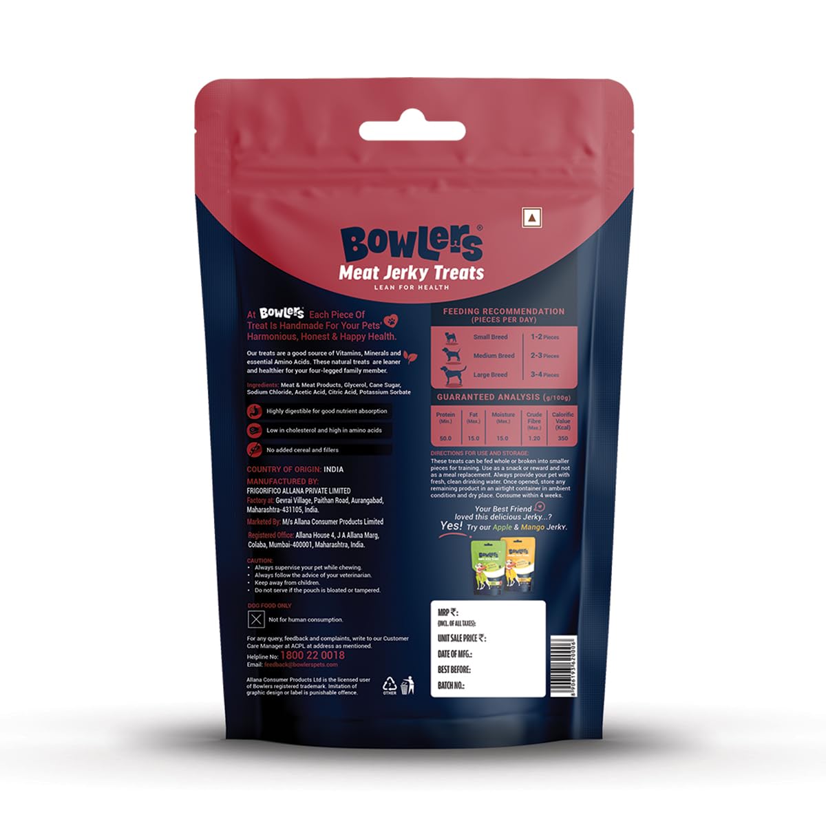 Bowlers Dog Treats Meat Jerky| 70g | High on Protien |Low in Fat | Grain Free | Handmade Treats