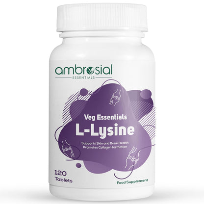 Ambrosial Essentials L-Lysine supplement bottle on a white background