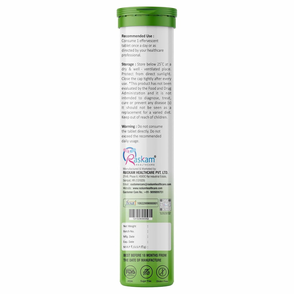 Back view of a green and white supplement tube with text and branding on a white background