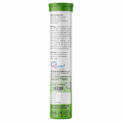 Back view of a green and white supplement tube with text and branding on a white background