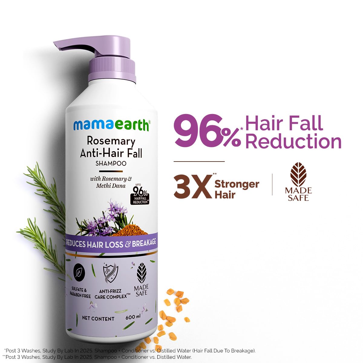 Mamaearth Rosemary Anti-Hair Fall Shampoo With Rosemary & Methi Dana For Reducing Hair Loss & Breakage,Gives Up To 94% Stronger Hair,Up To 93% Less Hair Fall |Sulphate Free Shampoo |For Unisex,600 Ml