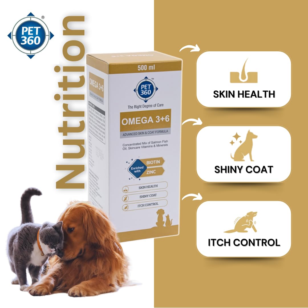 PET360 Omega 3+6 Concentrated Salmon Fish Oil for Dogs & Cats with Vitamins & Minerals | Shinier Coat, Itch & Allergy Control | Improves Skin & Hair Health | Nutritional Supplement for Pets - 500 ml