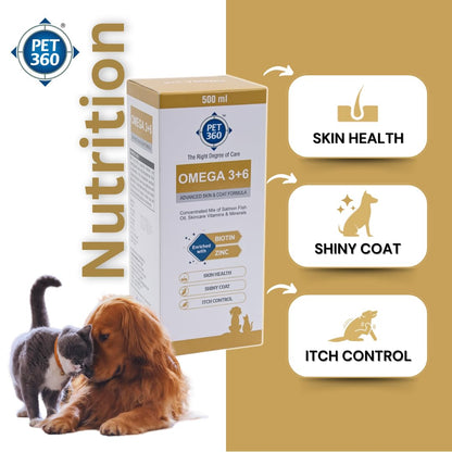 PET360 Omega 3+6 Concentrated Salmon Fish Oil for Dogs & Cats with Vitamins & Minerals | Shinier Coat, Itch & Allergy Control | Improves Skin & Hair Health | Nutritional Supplement for Pets - 500 ml