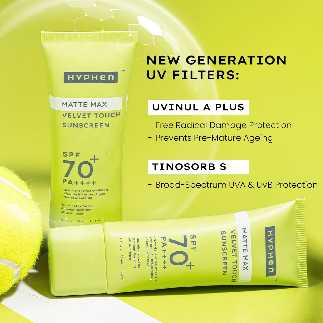 Two tubes of Hyphen sunscreen with product details on a green background