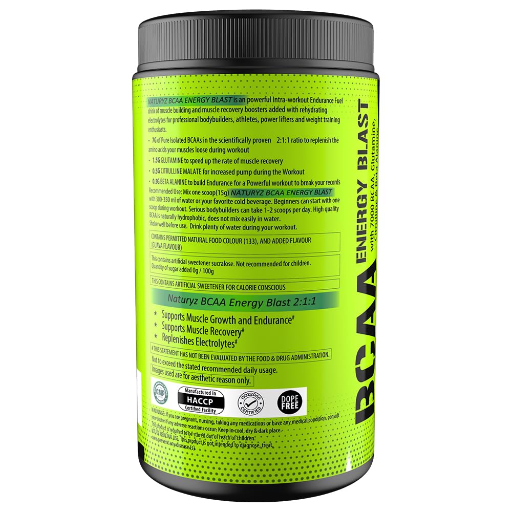 BCAA Energy Blast supplement container with green label and black lid on a white background