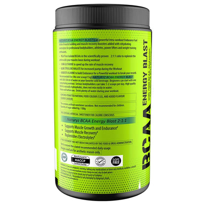 BCAA Energy Blast supplement container with green label and black lid on a white background