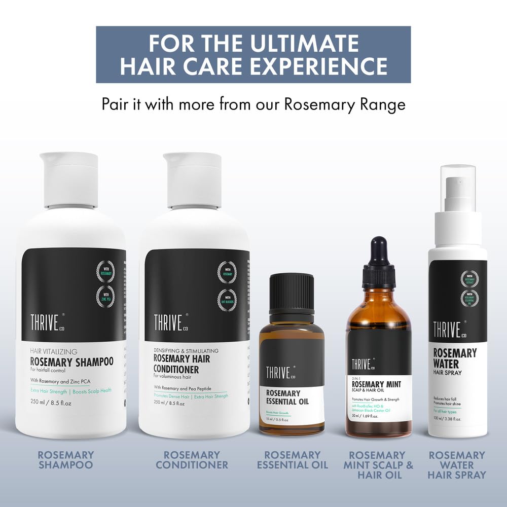 Collection of Thrive Co. hair care products with text promoting a rosemary range.