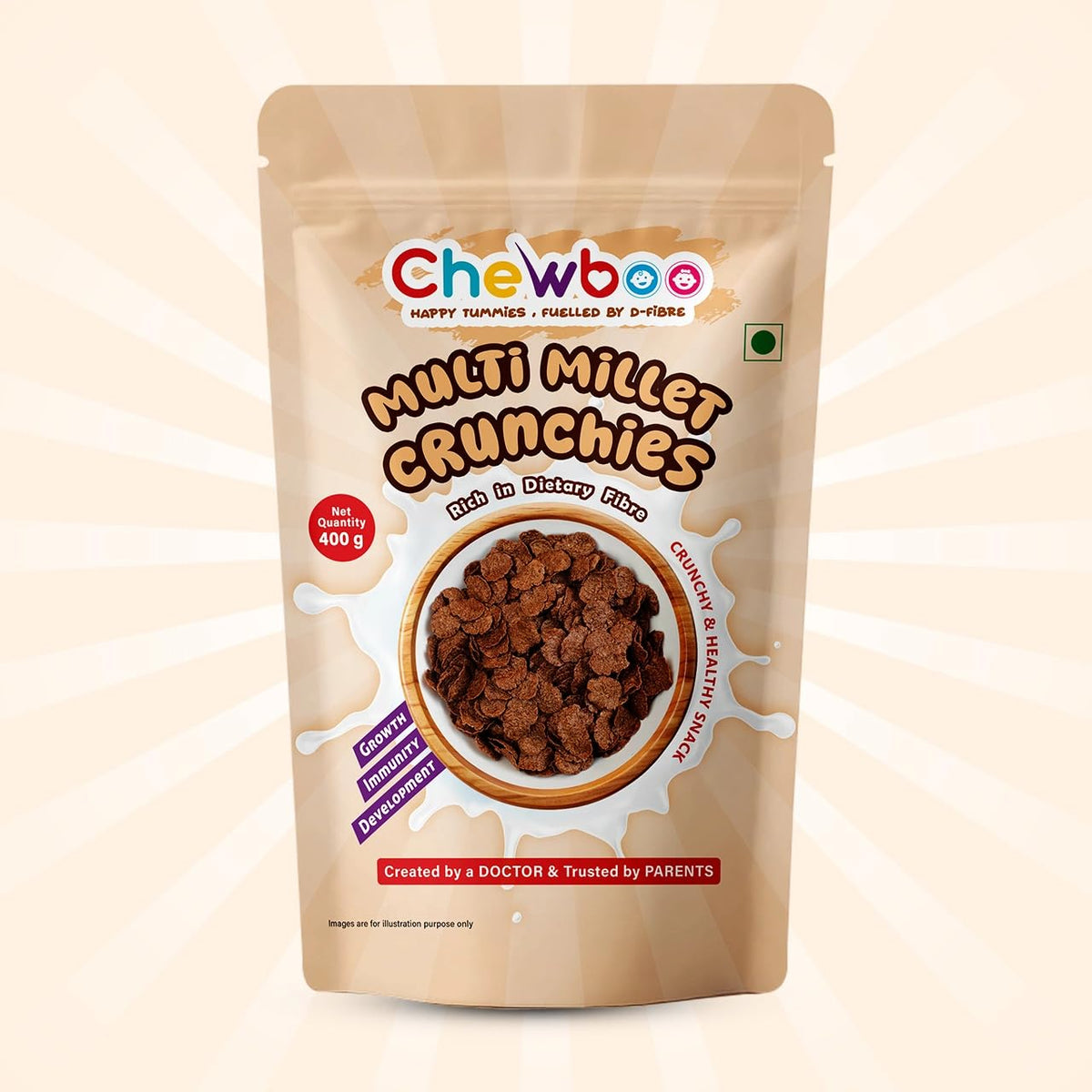 Chewboo Cocoa Multi-Millet Crunchies for Kids | Ragi, Jowar, Bajra & Foxtail Grain Cereal Snack | Jaggery Sweetened | Healthy Breakfast Option | 400 g
