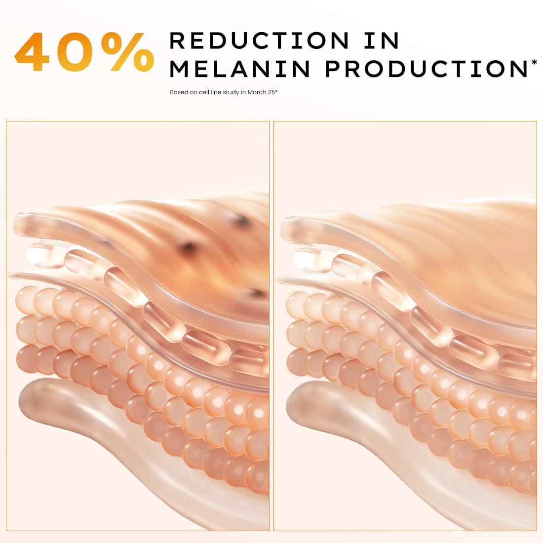 Illustration of skin with melanin reduction, showing 40% decrease.