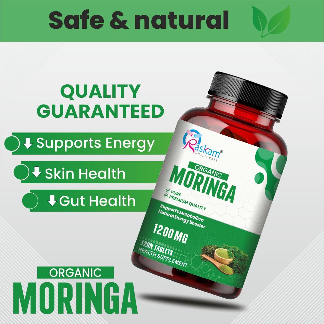 Bottle of Askam Organic Moringa supplement with text highlighting benefits on a green and white background