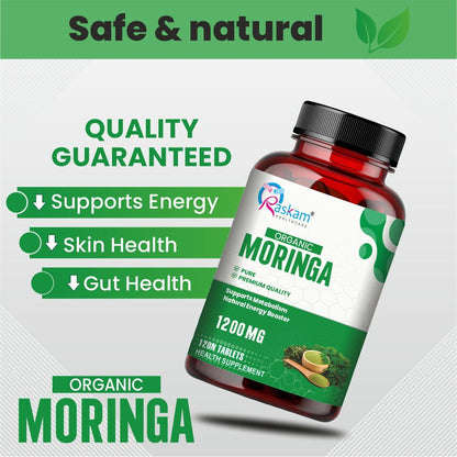 Bottle of Askam Organic Moringa supplement with text highlighting benefits on a green and white background