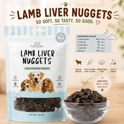 PAWPOURRI Natural Lamb Liver Nuggets Dog Treats, 100gm | Protein Rich Chewy Snacks for Dogs | Suitable for All Breeds & Life Stages | Daily Training & Reward Treats (Pack of 1)