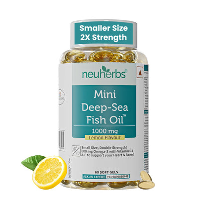 Neuherbs Mini Deep Sea Omega 3 Fish Oil Capsules 1000mg Supplement | EPA - 360mg, DHA - 240mg | With Vitamin E & D3 | Suppots Heart, Brain, Muscle & Joint Health| Lemon Flavour - 60 Softgels