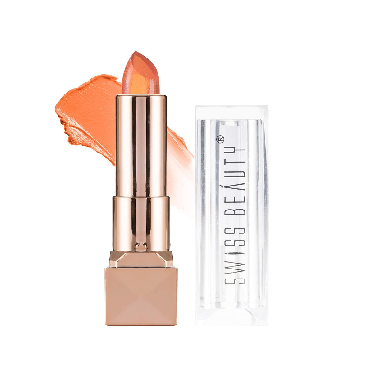 Lipstick with orange shade and visible brand 'Swiss Beauty' on a white background