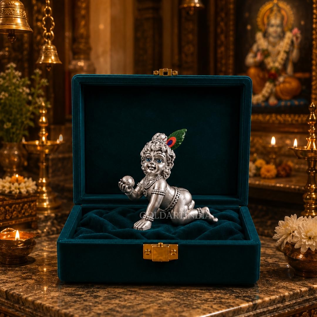 Gold Art India 999 Silver Plated Bal Krishna Idol (3.3 Inch) | Antique Matte Laddu Gopal Murti | Premium Peacock Green Velvet Gift Box | Krishna Idol for Home Temple, Office Decor & Spiritual Gifting