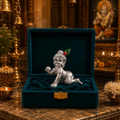 Gold Art India 999 Silver Plated Bal Krishna Idol (3.3 Inch) | Antique Matte Laddu Gopal Murti | Premium Peacock Green Velvet Gift Box | Krishna Idol for Home Temple, Office Decor & Spiritual Gifting