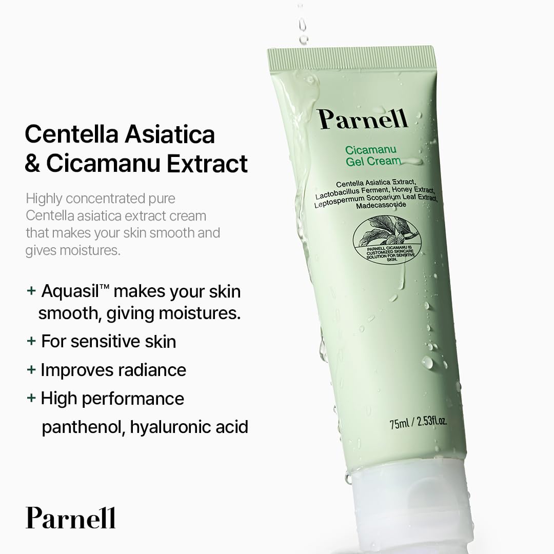 Parnell Cicamanu Gel Cream (75ml) Soothing Korean Gel Moisturizer With Centella Asiatica, Ceramide & Manuka Honey For Deep Hydration, Redness Relief & Skin Barrier Repair, Lightweight Face Cream for Sensitive Skin
