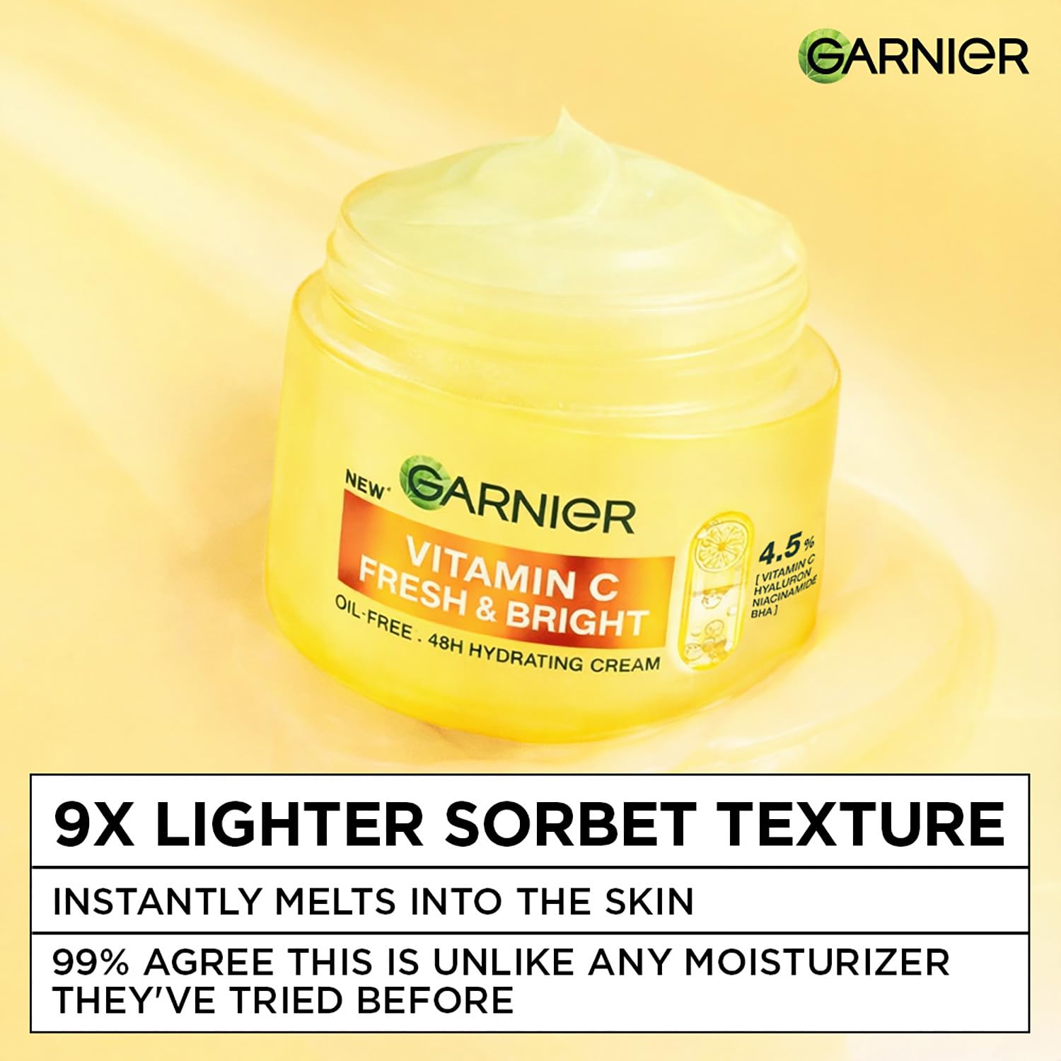 Garnier Vitamin C Fresh & Bright moisturizer jar on a yellow background