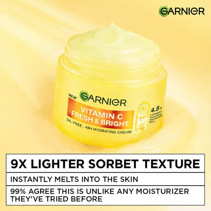 Garnier Vitamin C Fresh & Bright moisturizer jar on a yellow background