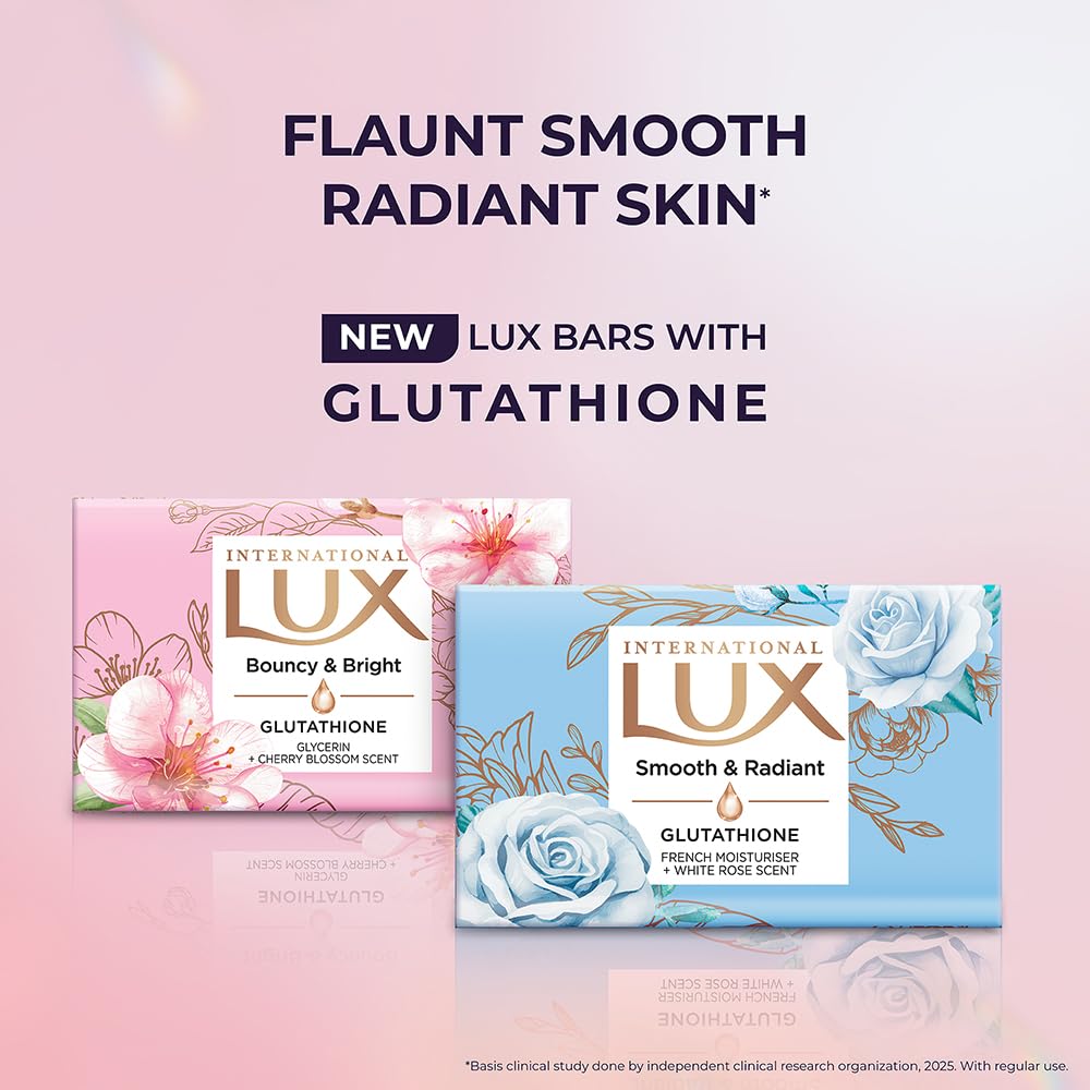 LUX International Smooth & Radiant Bathing Soap 4 x130g, LUXURIOUS BATHING EXPERIENCE, Smooth & Moisturized skin, with Glutathione & French Moisturizer, Improves Skin Texture, White Rose Fragrance