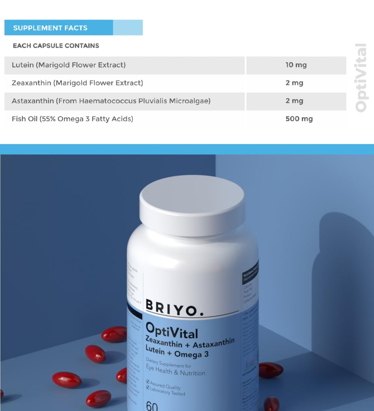 OptiVital supplement bottle with ingredient details on a blue background