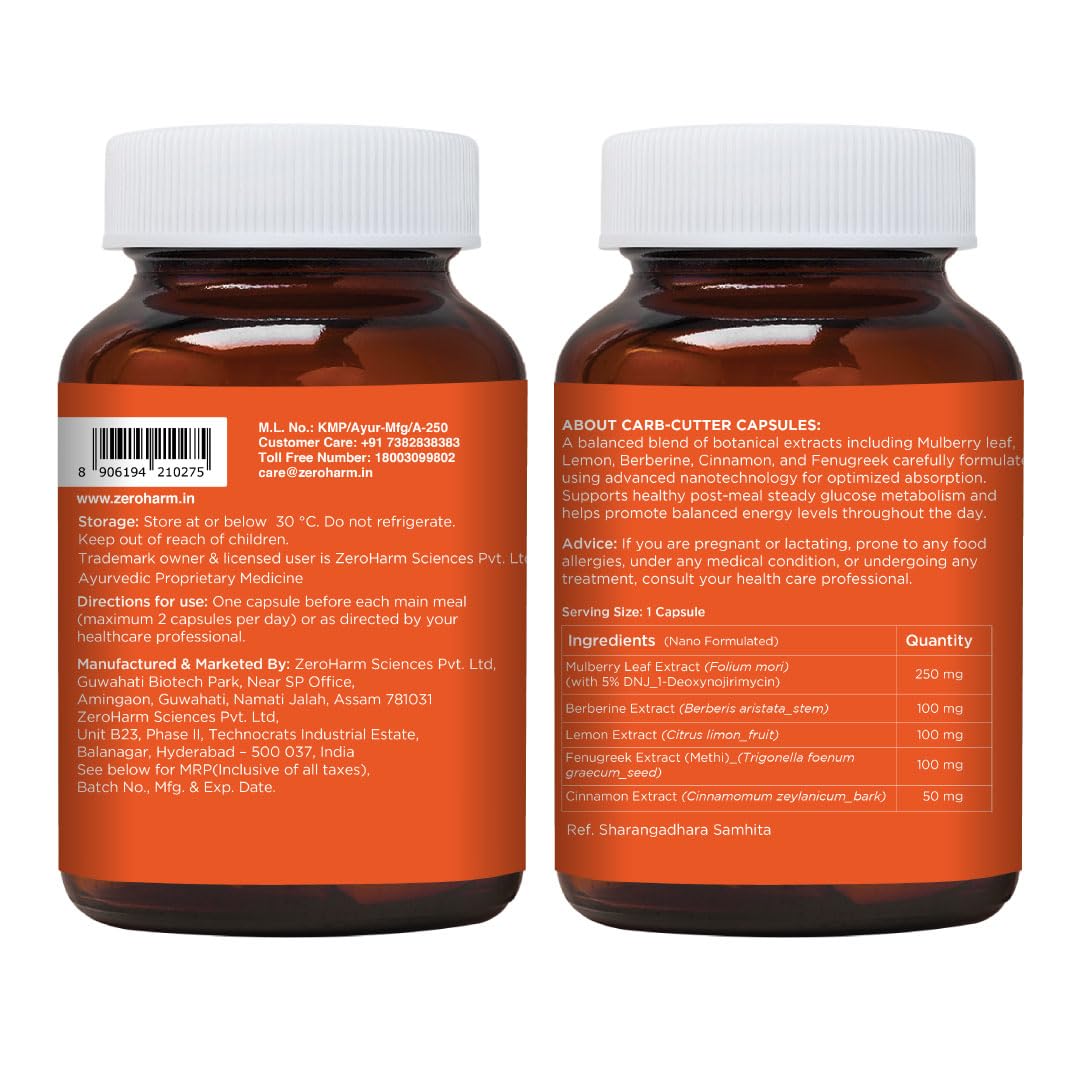ZEROHARM Carb Cutter With Mulberry Leaf Extract, Berberine, Fenugreek, Lemon & Cinnamon for Post-Meal Glucose & Metabolism Support - Plant-based Support for Men,Women - 30 Capsules