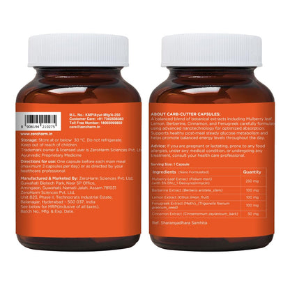 ZEROHARM Carb Cutter With Mulberry Leaf Extract, Berberine, Fenugreek, Lemon & Cinnamon for Post-Meal Glucose & Metabolism Support - Plant-based Support for Men,Women - 30 Capsules